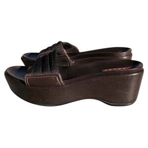 Prada Women's Brown Patent Leather Canvas Platform Slides Sandals, 37 / 6.5